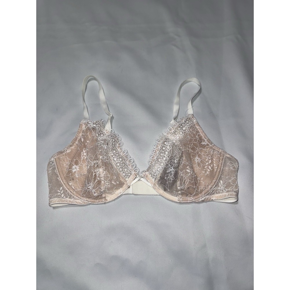 Victoria's Secret sheer lace underwire bra‎ 36C white nude Floral Unlined Sexy